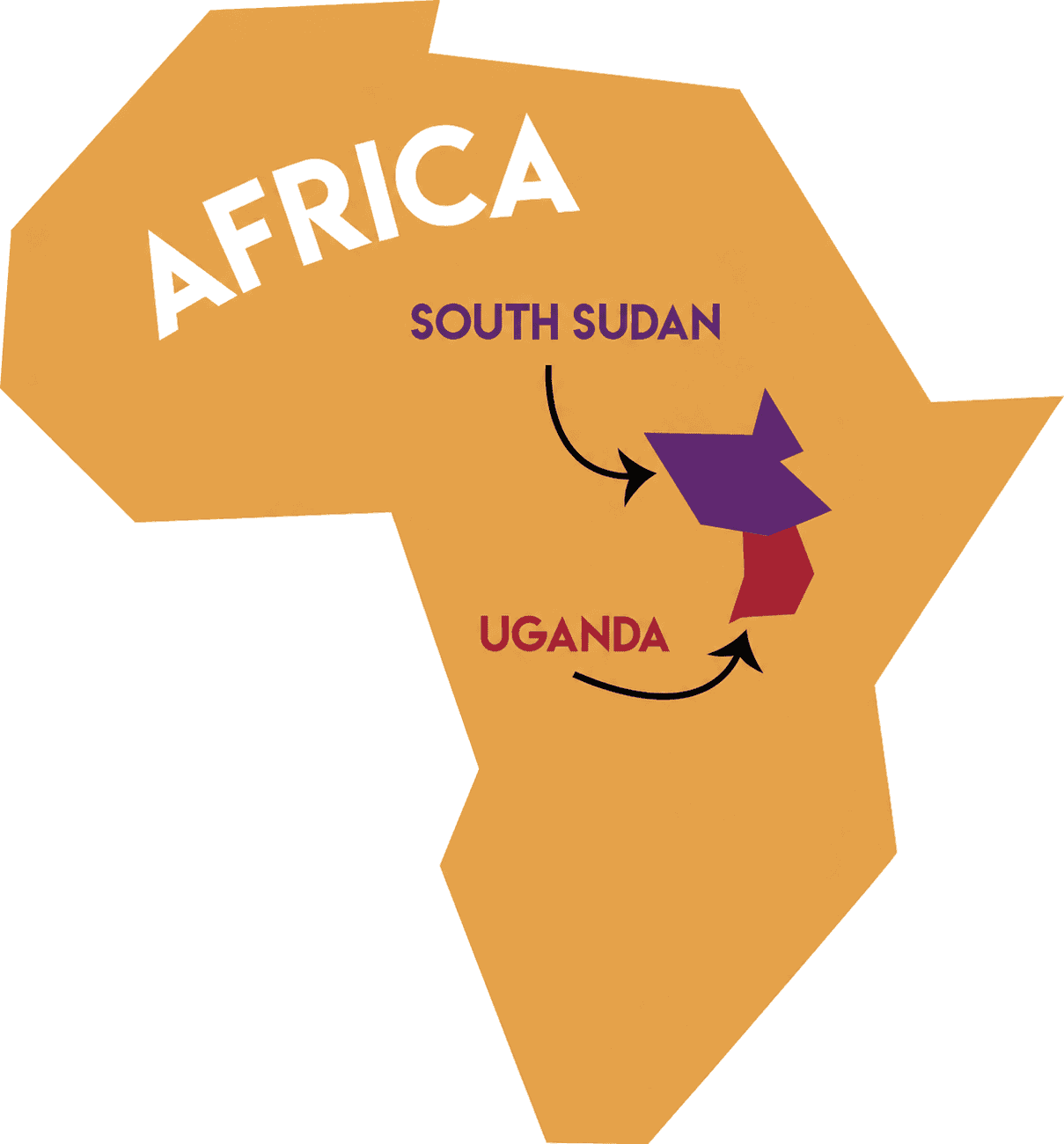 Map of Africa highlighting South Sudan and Uganda